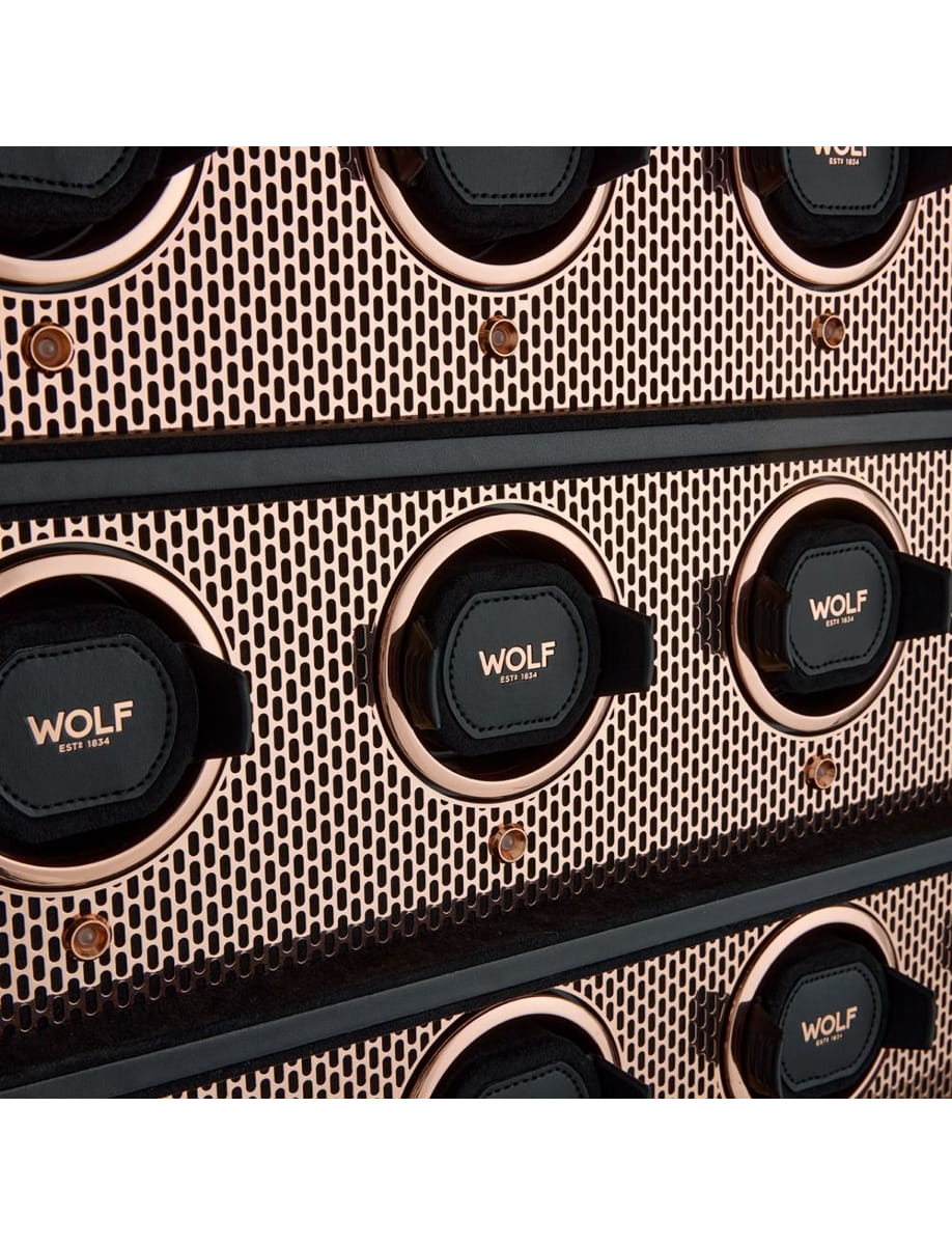 Close view of Wolf 16 Piece Cabinet watch winder with Smooth bio-based leather / Black Powder Coat material