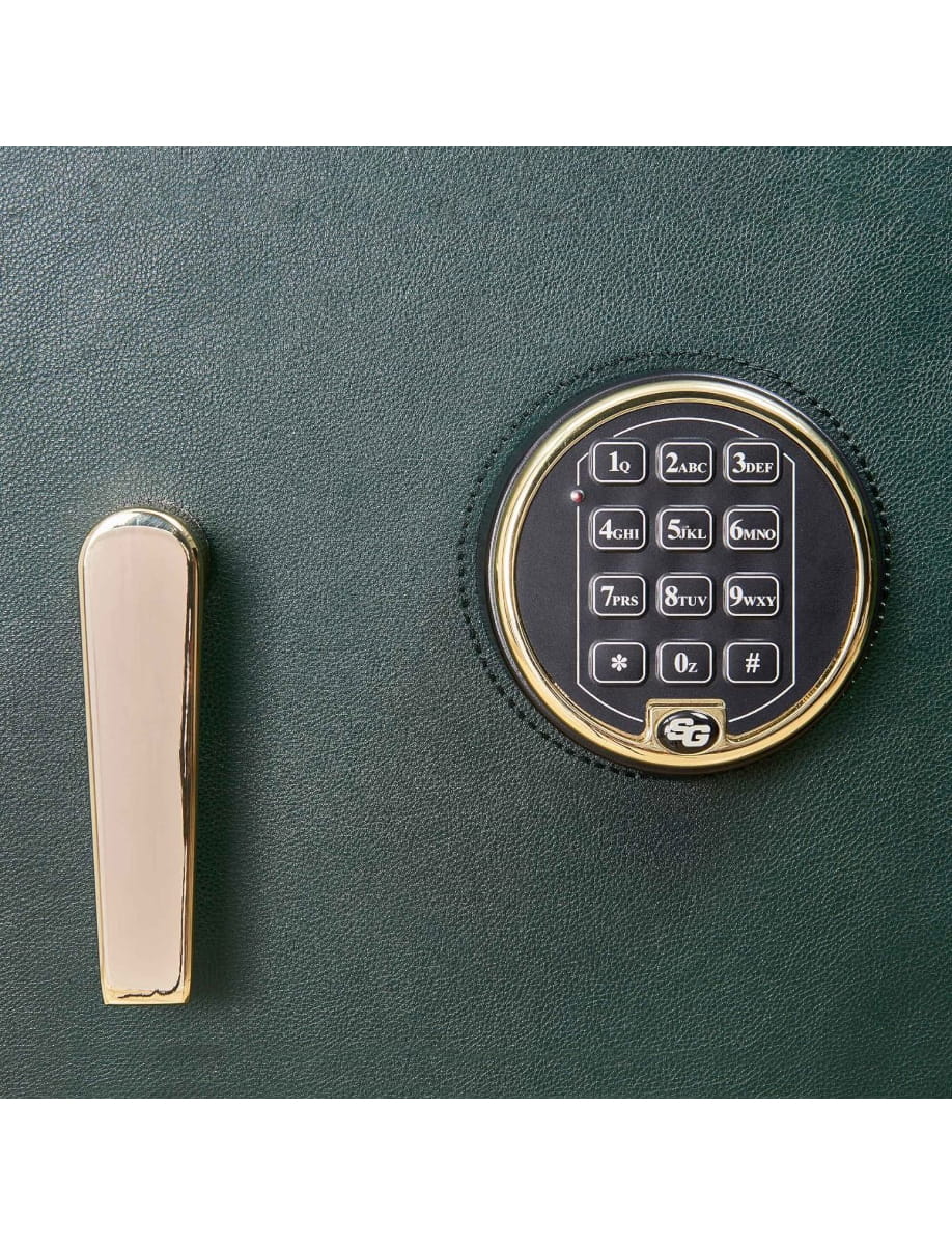 Green textured safe surface with a gold vertical handle and a circular keypad lock.