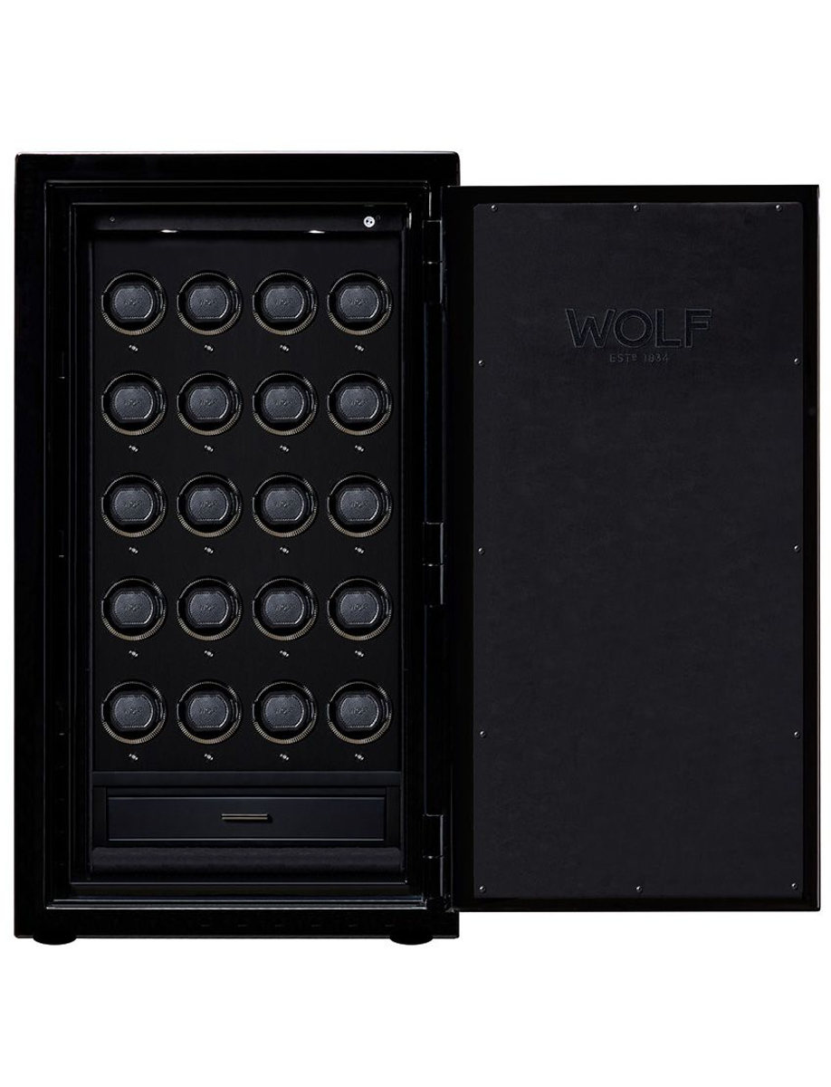 Open black Wolf safe showing winders