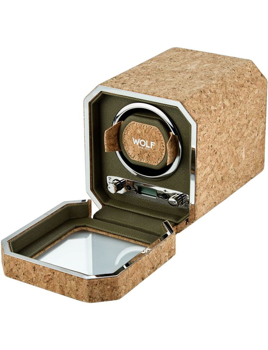 Side view of Wolf single watch winder with cork material