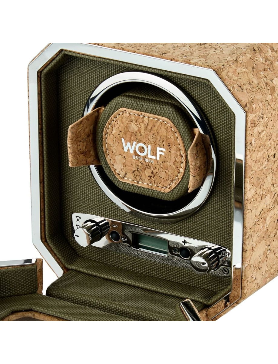 Closer view of Wolf single watch winder with cork material