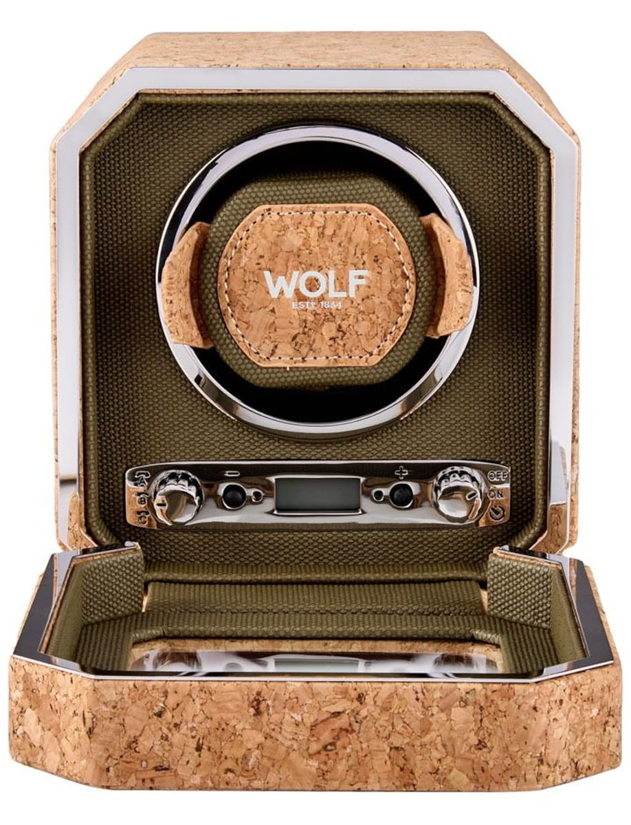 Front view of Wolf single watch winder with cork material