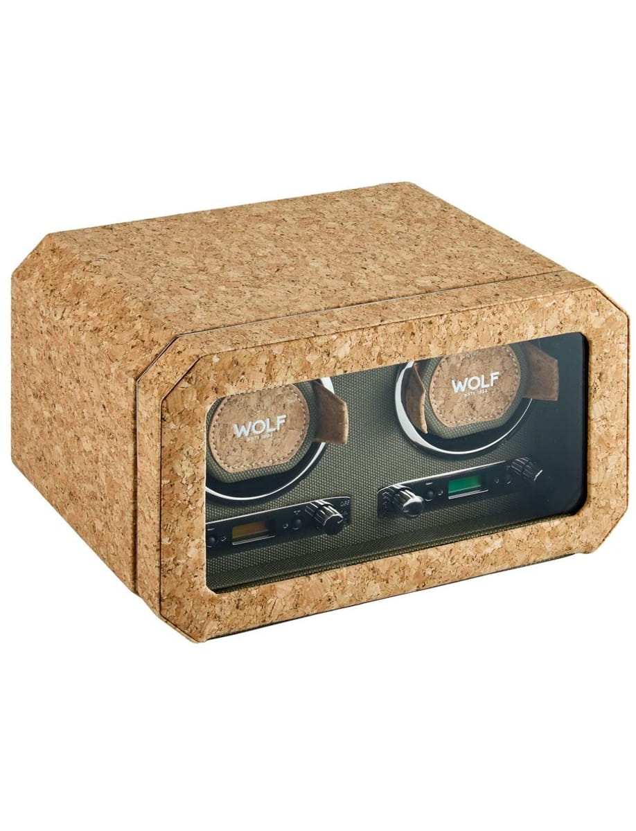 Cork carrying case with a see-through window showing a Wolf watch winder