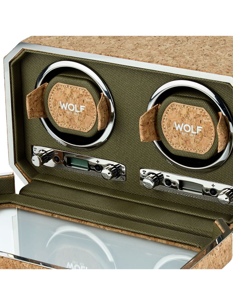 Open Cork-finished watch winder case with two circular winders and a mirrored lid, showing green interior and chrome hardware.