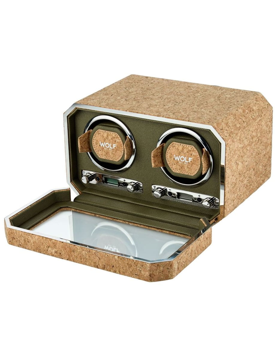Cork-finished watch winder case with two circular winders and a mirrored lid, showing green interior and chrome hardware.