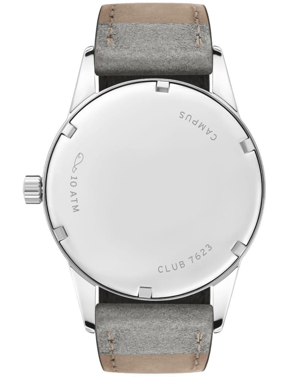 Back of a silver wristwatch with a gray stitched leather strap; case back shows CLUB 7623 and 10 ATM removal for water resistance ( Campus brand).