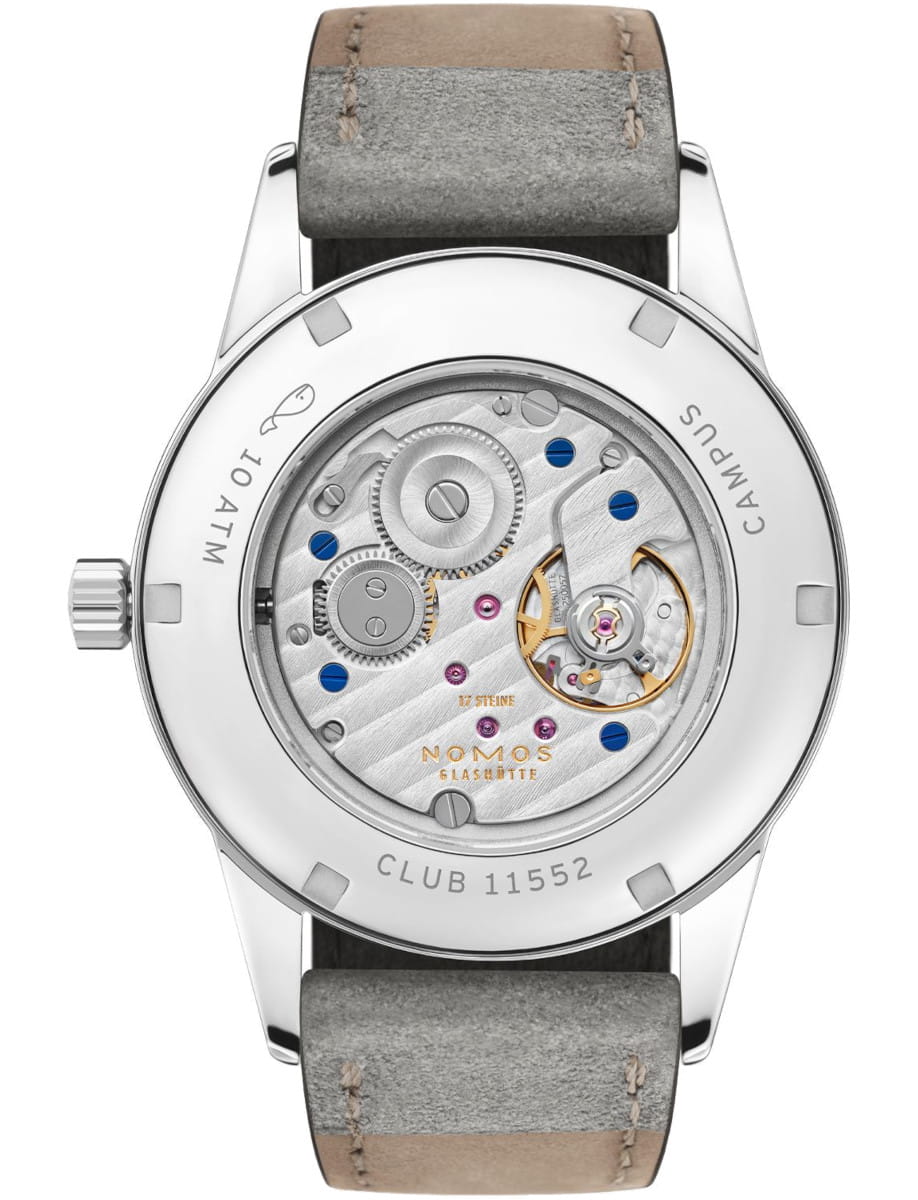 Stainless steel wristwatch viewed from the back with a transparent case, revealing gears, blue screws, and a light gray leather strap behind it.