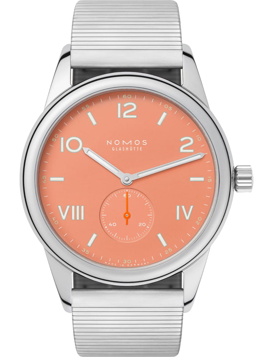 Stainless steel wristwatch with a coral dial, silver hands, and a ribbed metal band.