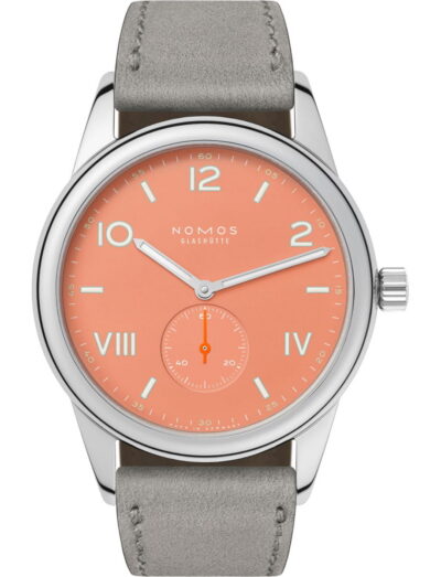 Wristwatch with coral dial, silver case, gray leather strap; white numerals at 2,4,8,10 and Roman numerals VIII and IV with a small orange seconds subdial at 6 o'clock