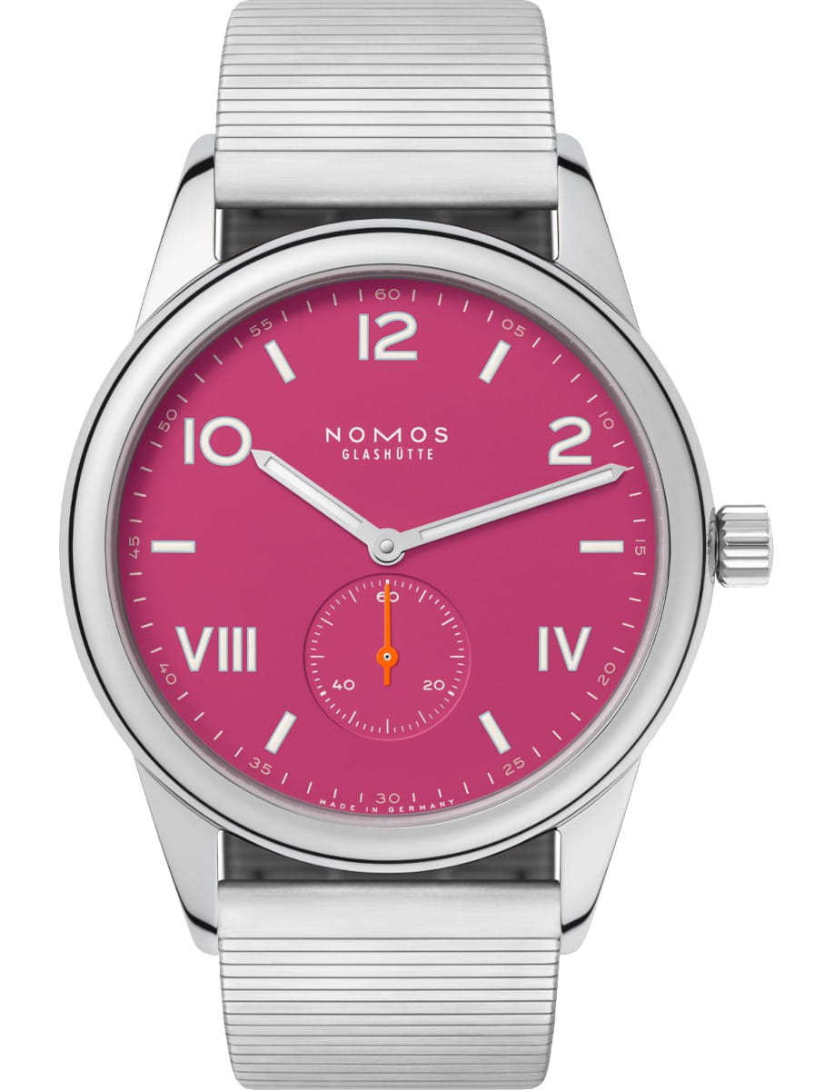 Nomos Glashütte wristwatch with a pink dial, stainless steel case and bracelet; small seconds subdial at 6 o'clock with an orange hand.