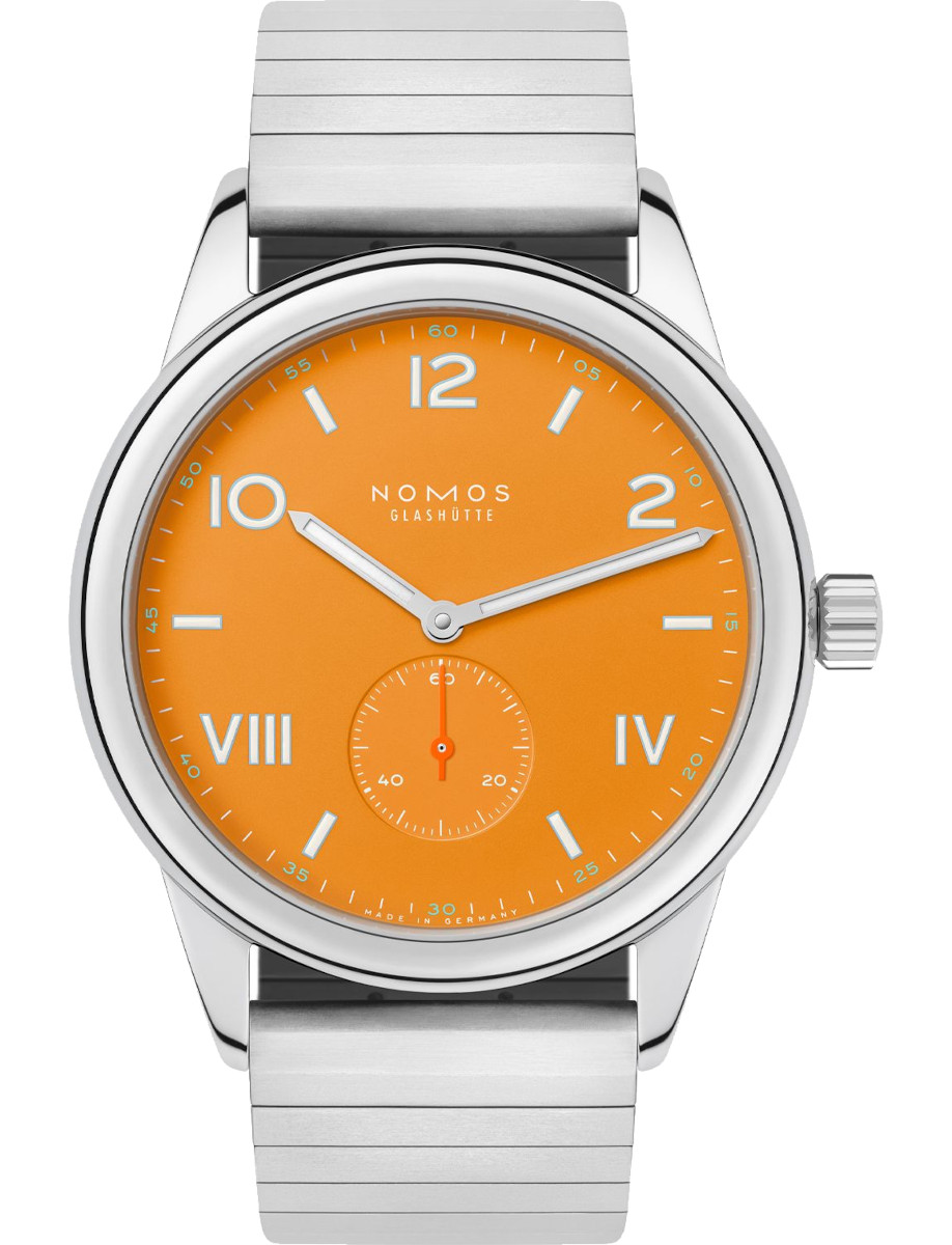 Nomos Glashütte wristwatch with an orange dial, stainless steel case and sport bracelet.