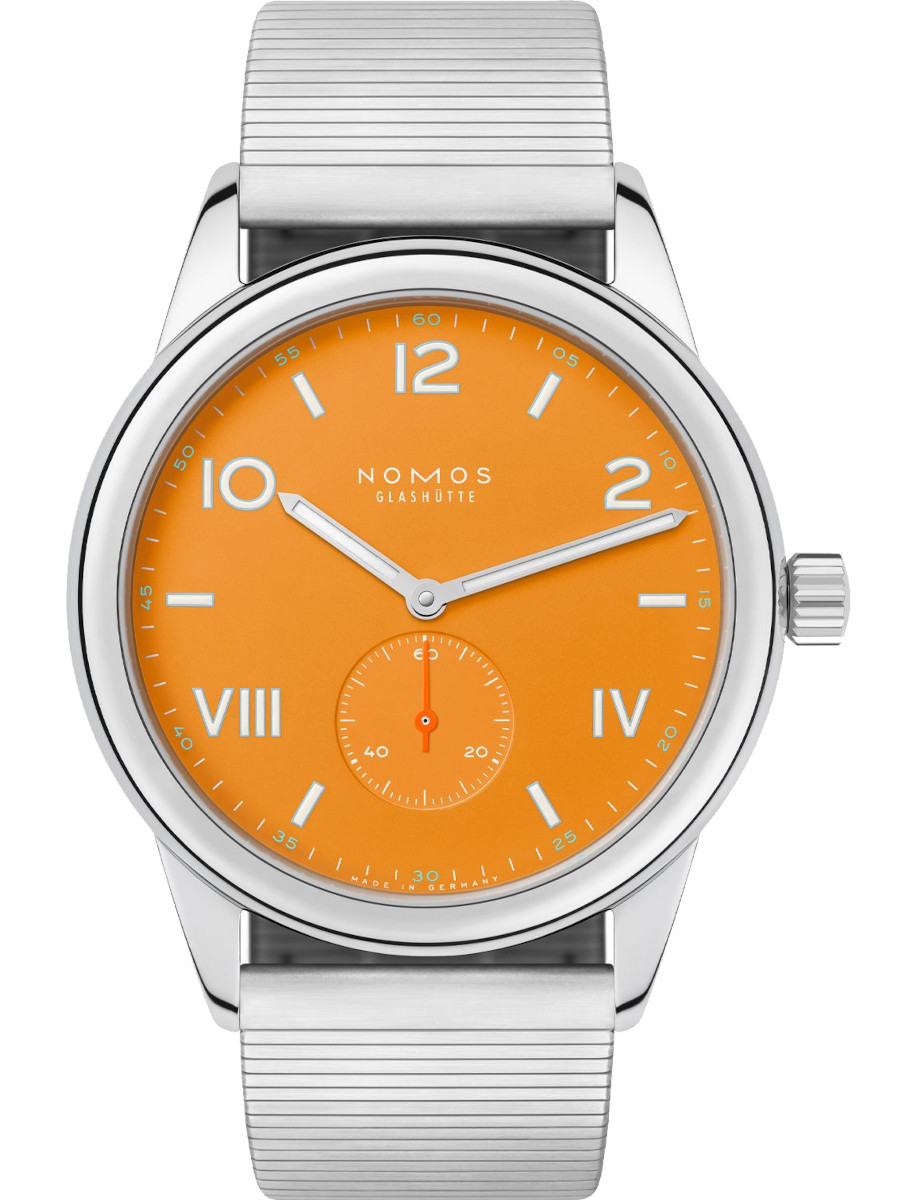 Nomos Glashütte wristwatch with a orange dial, stainless steel case and bracelet.