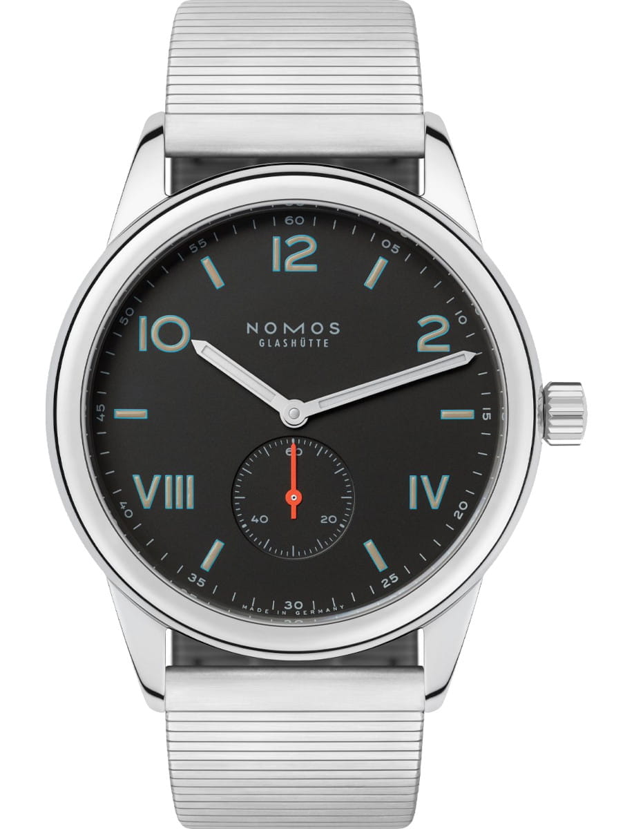 Nomos wristwatch with stainless steel case, stainless steel bracelet, and black dial.