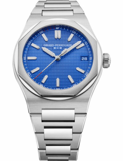 Stainless steel wristwatch with a vibrant blue dial, date window at 3 o'clock, and bold white indices on a metal bracelet.