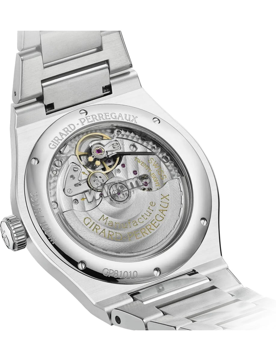 Stainless steel watch with a transparent case back showing the mechanical movement and rotor engravings (Girard-Perregaux).