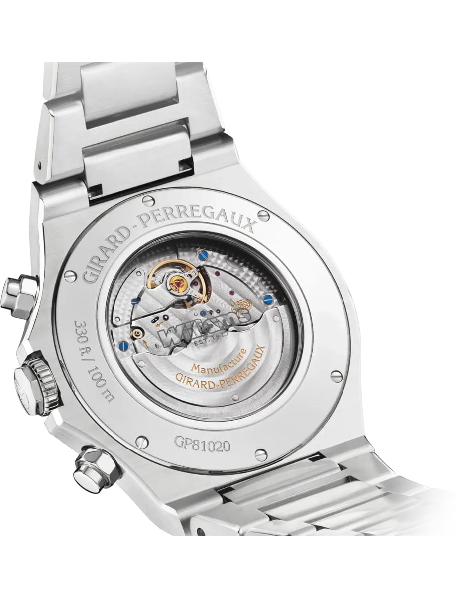 Stainless steel Girard-Perregaux wristwatch seen from the back, with visible mechanical movement through a transparent caseback.