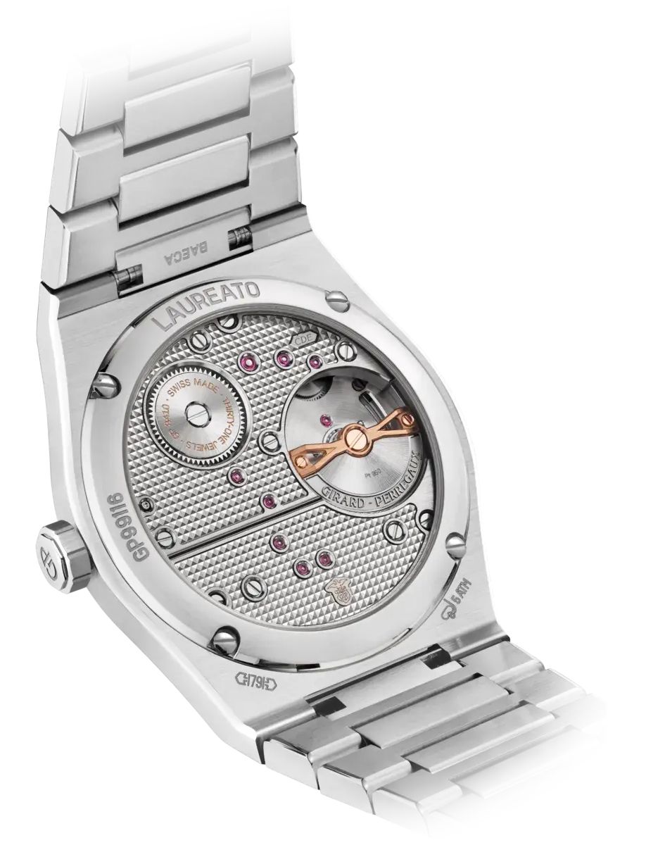 Stainless steel watch with an exhibition caseback showing the mechanical movement, ruby jewels, and a rose-gold balance wheel; Laureato by Girard-Perregaux?