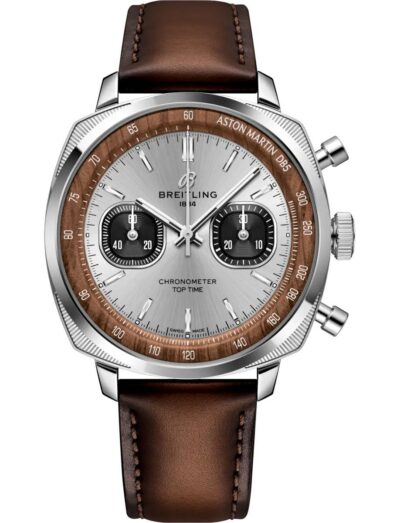 Breitling wristwatch with stainless steel case, silver dial and calfskin leather strap