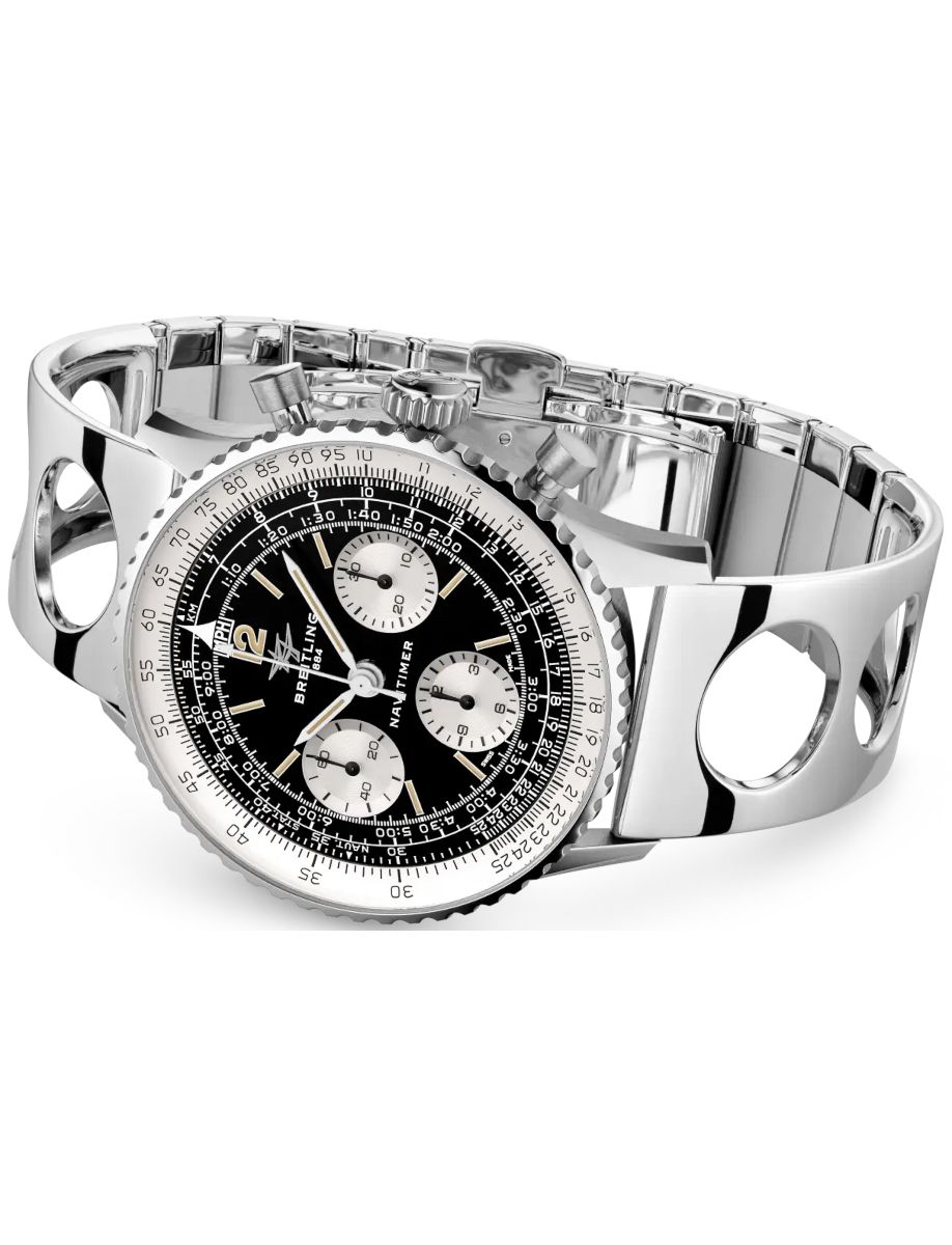 Breitling Navitimer stainless steel chronograph watch with black dial and silver subdials on a metal bracelet.