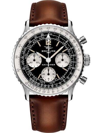 Breitling wristwatch with stainless steel case, black dial and calfskin leather strap