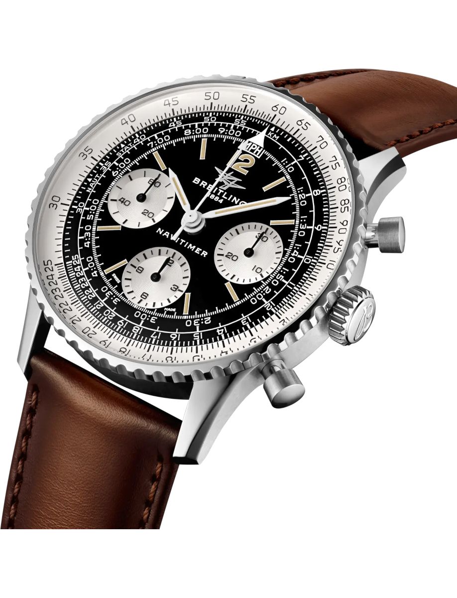Breitling Navitimer chronograph watch with black dial, silver subdials, and brown leather strap.