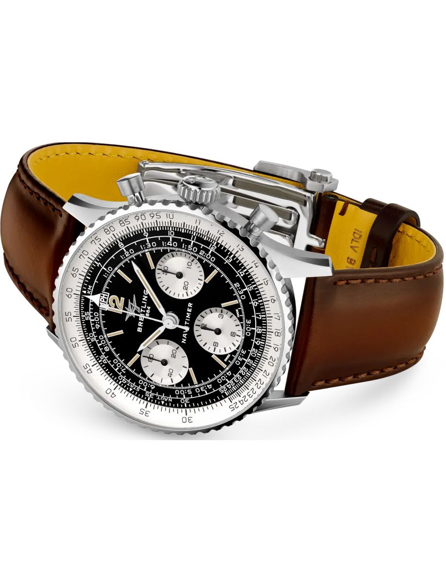 Breitling Navitimer chronograph watch with black dial, white subdials, and brown leather strap.