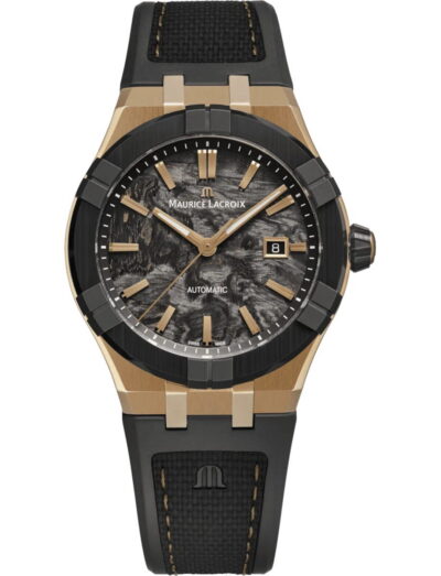Maurice Lacroix automatic wristwatch with a bronze case, bi-rubber strap with imitation nylon-textured rubber, and frozen carbon dial.
