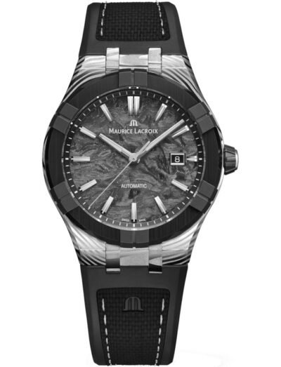 Maurice Lacroix automatic wristwatch with a black patterned dial, silver indices, date window at 3 o'clock, and a black strap.