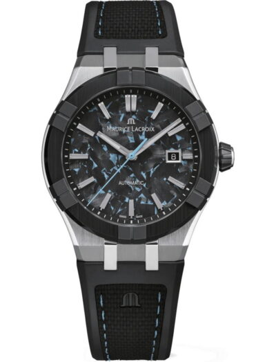 Maurice Lacroix automatic wristwatch with a stainless steel case, ceramic bezel, frozen carbon dial, and bi-rubber strap with imitation nylon-textured rubber | Feldmar Watch Co. Maurice Lacroix automatic wristwatch with a stainless steel case, ceramic bezel, frozen carbon dial, and bi-rubber strap with imitation nylon-textured rubber