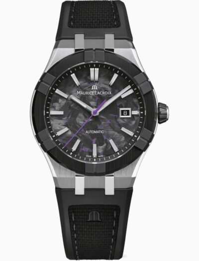 Maurice Lacroix automatic wristwatch with a purple carbon frozen dial, purple second hand, date window at 3 o'clock, and stainless steel case with a black strap.