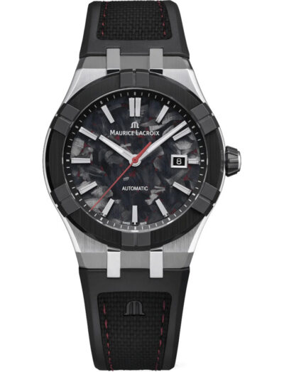 Maurice Lacroix automatic wristwatch with a patterned dark dial, date window at 3 o'clock, red second hand, and black strap.