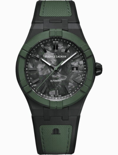 Maurice Lacroix automatic wristwatch with a titanium case, green strap, and a date window at 3 o'clock.