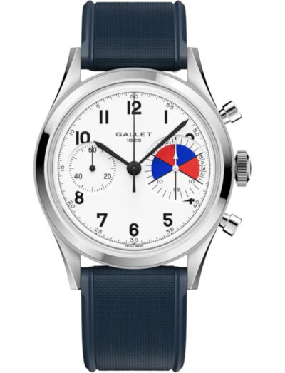 Stainless steel Gallet chronograph wristwatch with white dial, blue strap, and multiple subdials.