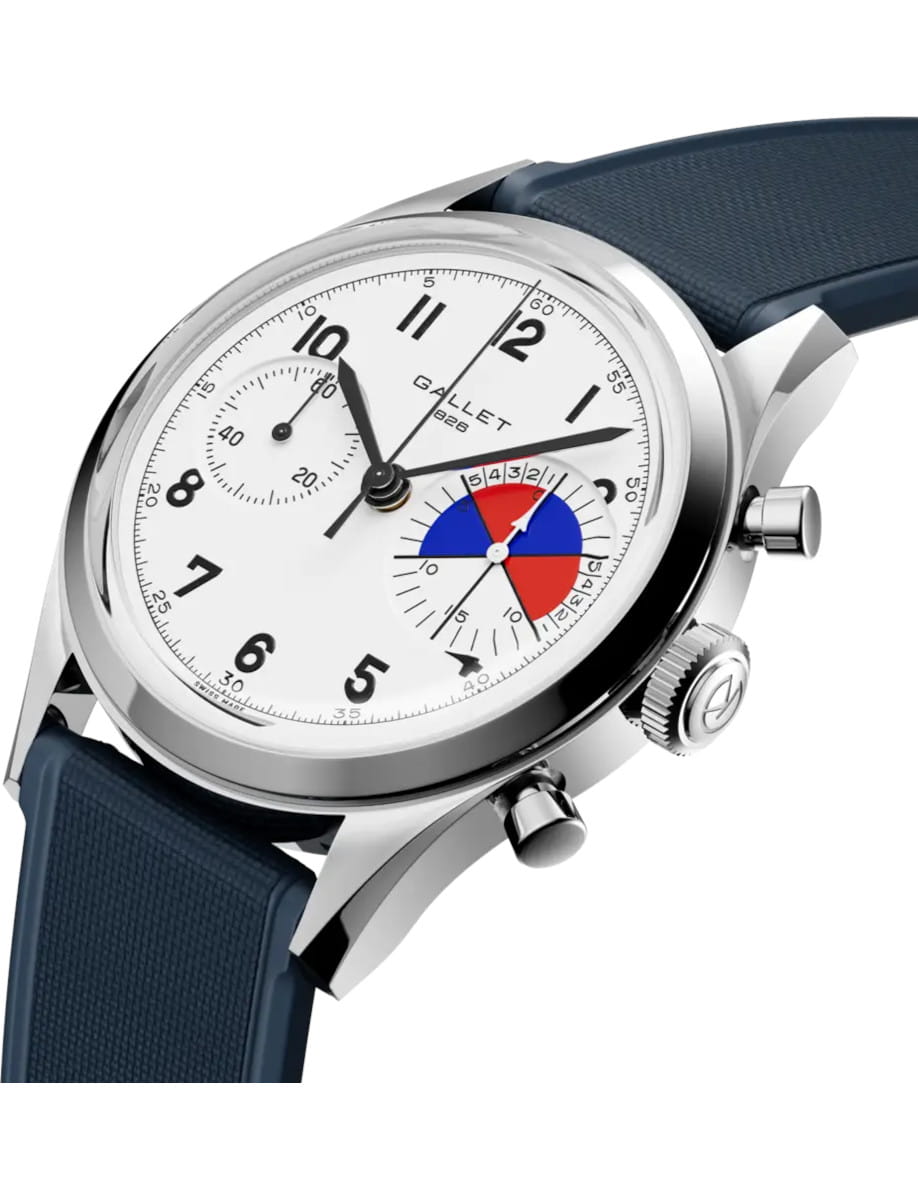 Chronograph wristwatch with white dial, blue strap, and stainless steel case.
