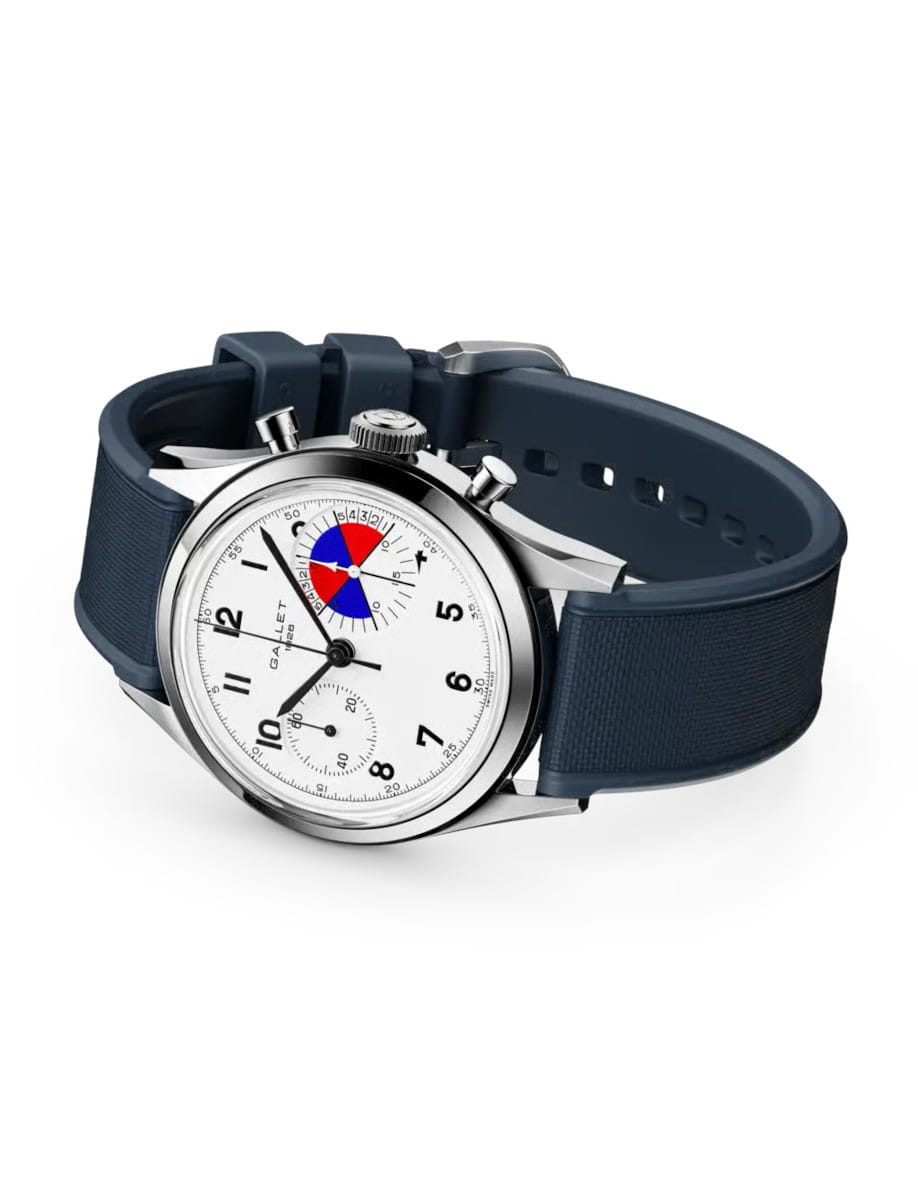 Blue strap Gallet wristwatch with a white dial and multiple subdials, angled to show its face and crown bevels