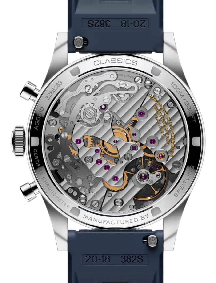 Transparent case back of a Gallet watch showing a detailed skeleton movement with gears, jewels and engravings in a polished steel case.