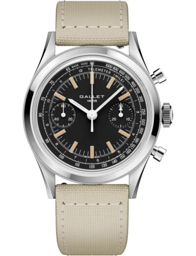 Gallet chronograph watch with black dial, beige strap, and steel case showing two subdials and tachymeter scale
