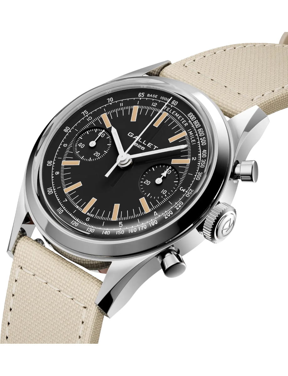 Gallet elegant stainless steel chronograph watch with a black dial and beige fabric strap.