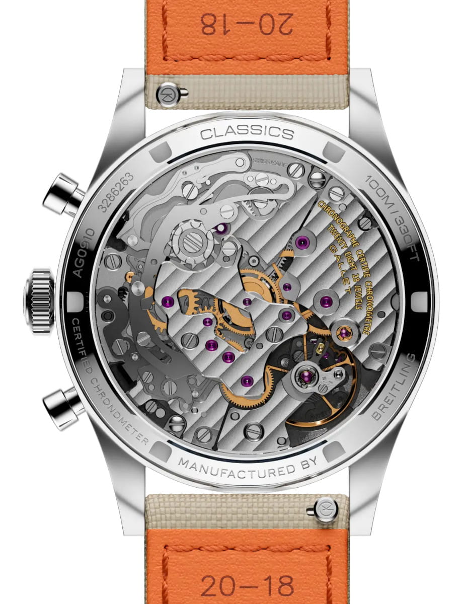 Back view of a Gallet luxury wristwatch showing the intricate mechanical movement through a transparent caseback, orange leather strap visible at top and bottom, with 'CLASSICS' on the case and 'MANUFACTURED BY' inscription around the edge.