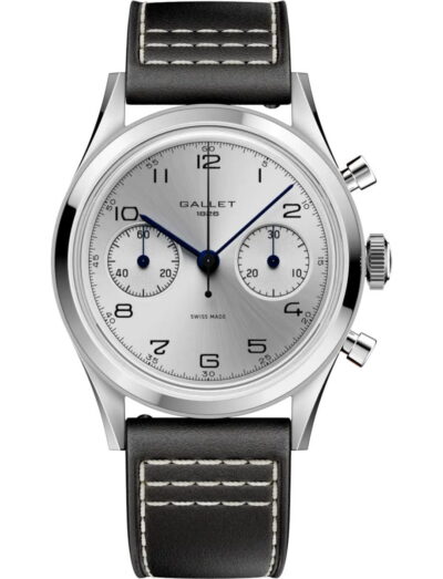 Stainless steel Gallet chronograph watch with silver dial and black stitched leather strap.