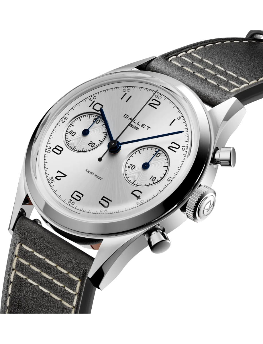 Gallet chronograph wristwatch with a steel case, silver dial, blue hands, and a stitched black leather strap (two subdials visible).