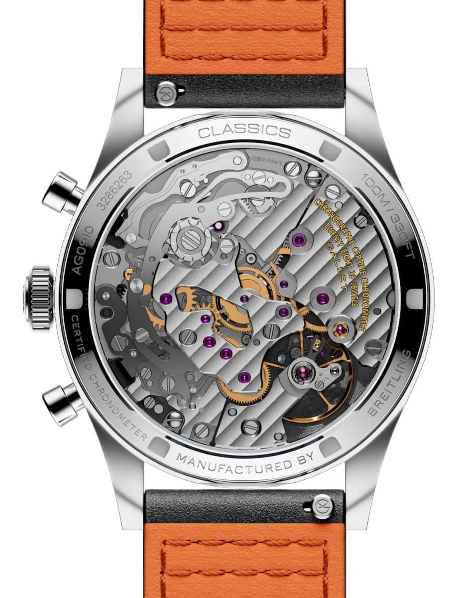 Gallet wristwatch with a transparent case back showing the intricate mechanical movement and an orange leather strap behind it.
