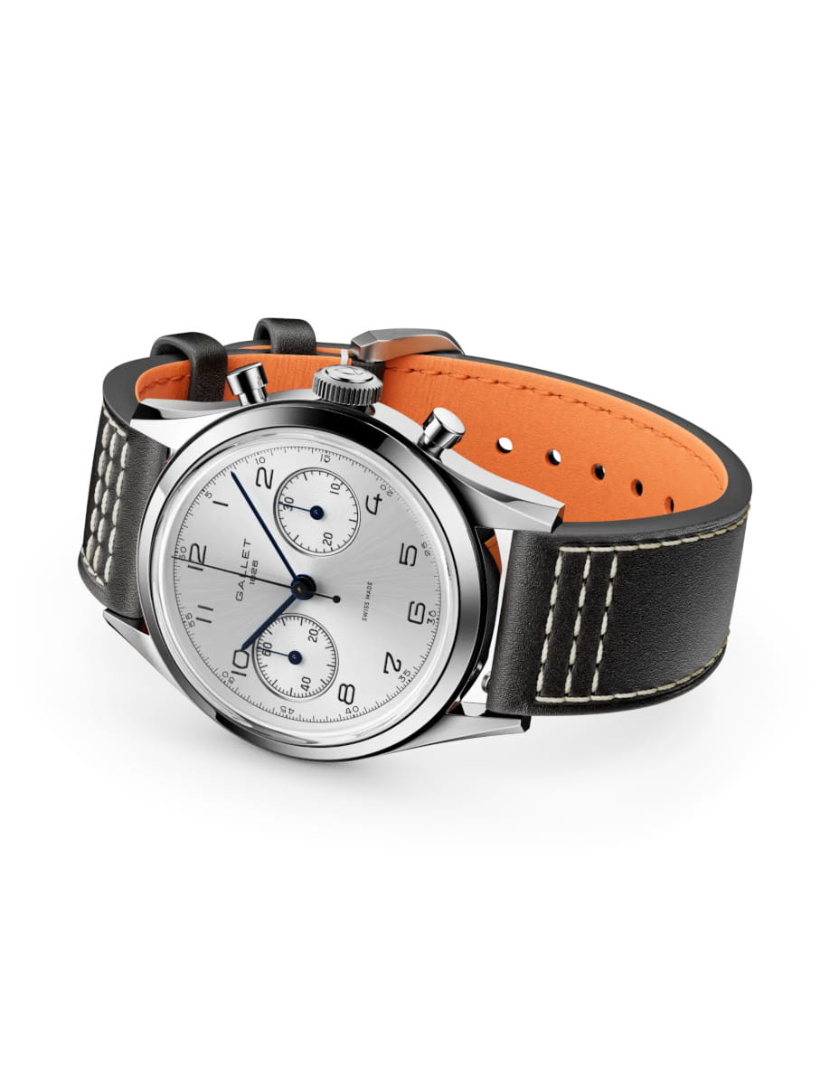 Gallet Chronograph wristwatch with black leather strap and orange inner lining, steel case, and silver dial.
