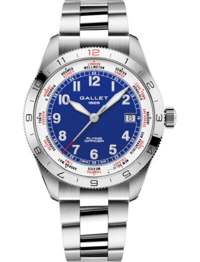 Gallet Flying Officer wristwatch with blue dial, silver bezel, and metal bracelet showing world time markings