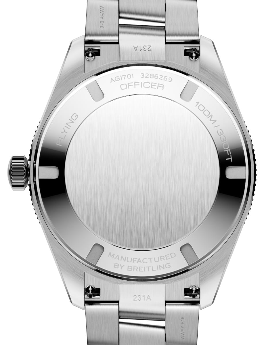 Stainless steel watch back with engravings reading OFFICER, FLYING, 100m/330ft, manufactured by Breitling, metal bracelet visible