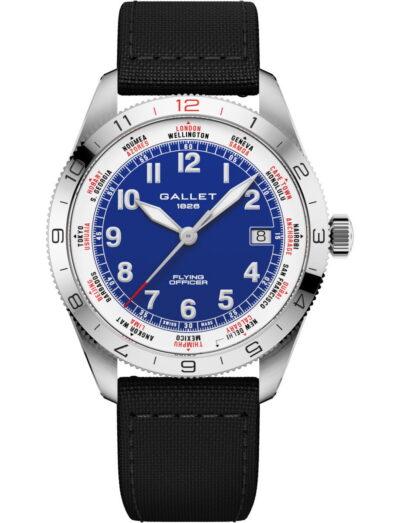 Gallet Flying Officer pilot watch with blue dial, silver case, black fabric strap and world-time bezel.