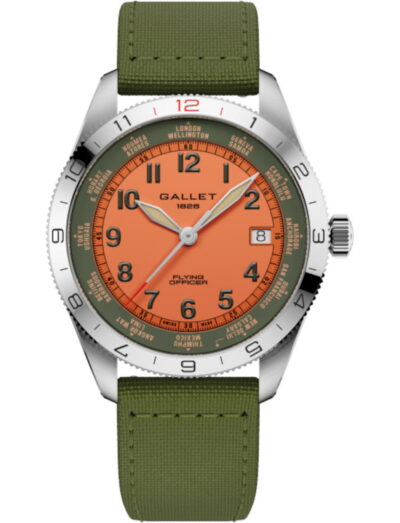 Stainless steel watch with orange dial, green bezel ring and green fabric strap, showing date window at 3 o'clock and world city markings around dial.
