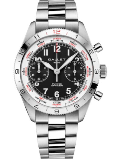 Stainless steel wristwatch with a black chronograph dial, three subdials, and a rotating world-time bezel; silver bracelet.