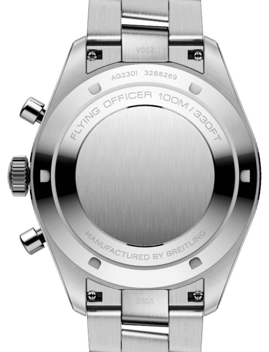 Back view of a stainless steel Breitling watch with a brushed case back, engravings reading 'FLYING OFFICER 100M' and 'MANUFACTURED BY BREITLING' and a metal bracelet.