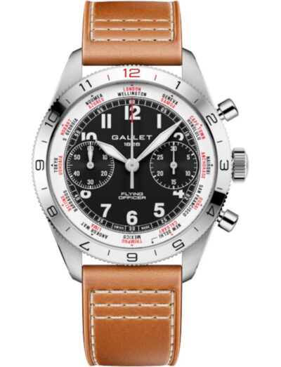 Gallet Flying Officer chronograph watch with black dial, three subdials, and tan leather strap with white stitching.